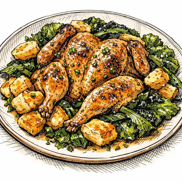 Cast-Iron Spatchcocked Chicken with Schmaltz Biscuit Croutons and Charred Mustard Greens