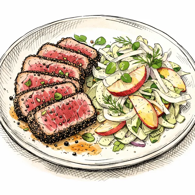 Seared Ahi Tuna au Poivre with Shaved Fennel & White Peach Salade
