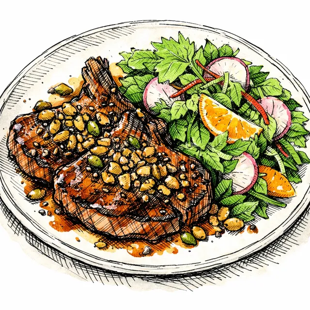 Persimmon-Black Garlic Pork Chops with Miso-Pepita Crunch & Shiso-Citrus Salad