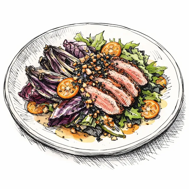 Quick-Cured Duck & Charred Treviso Winter Salad with Sake-Kumquat Citrus Dressing and Crispy Buckwheat–Nori Crunch