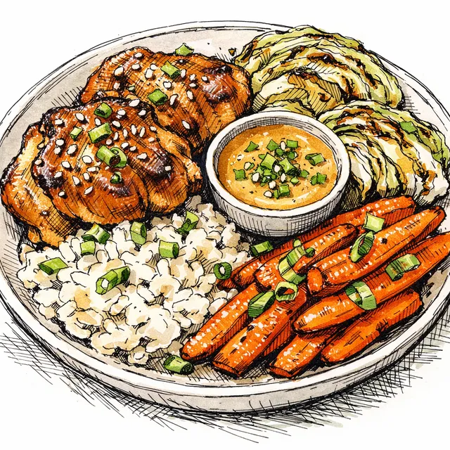 Sheet-Pan Miso-Maple Chicken Thigh Lunch Bowls with Roasted Cabbage & Carrots + Ginger-Scallion Peanut Blender Sauce