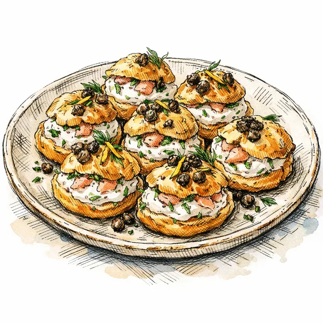Smoked Trout Gougères with Lemon–Horseradish Crème Fraîche (and Crunchy Capers)