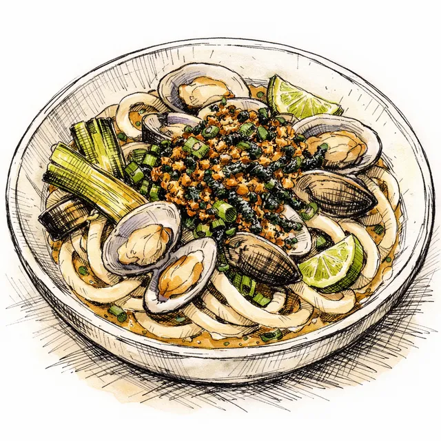 Yuzu-Kosho Clam Udon with Charred Leeks, Miso-Lime Butter, and Crispy Nori Pangrattato