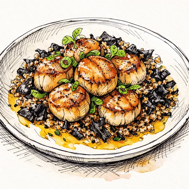 Quick-Seared Scallops with Aji Amarillo-Sake Butter & Crispy Nori Quinoa