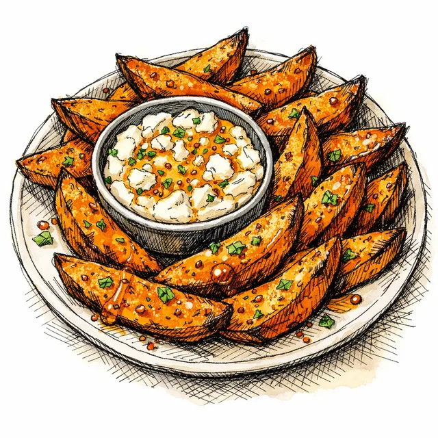 Sheet-Pan Crispy Sweet Potato Wedges with Hot Honey & Feta Dip
