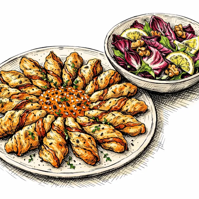 Butternut Squash–Harissa Tarte Soleil (Quick Rough-Puff) with Lemony Radicchio + Walnut Salad