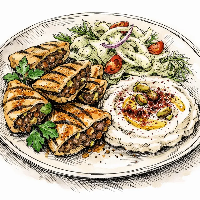Fire-Grilled Lamb & Pistachio Arayes with Whipped Sumac Feta and Shaved Fennel Salad