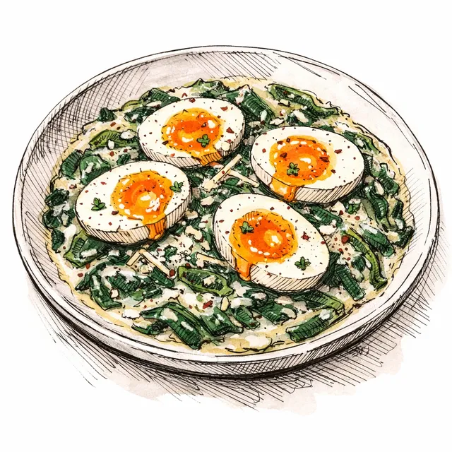Creamy Garlic Parmesan Spinach Skillet with Jammy Eggs