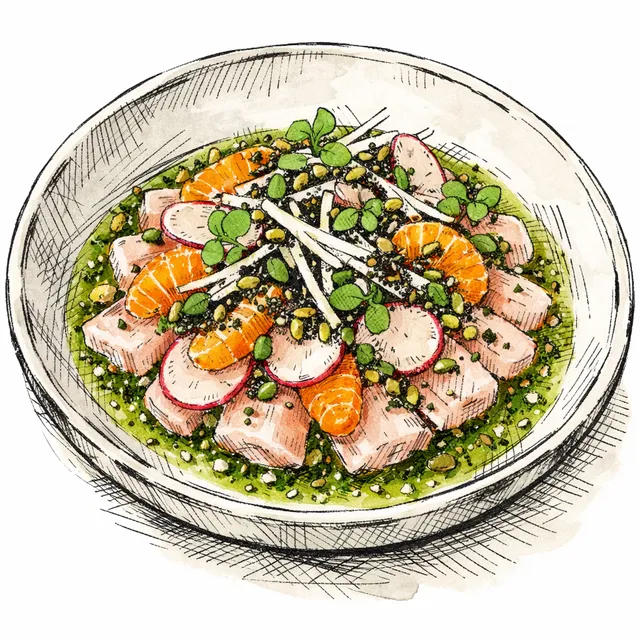 Hamachi Quick-Cure Winter Crunch Salad with Satsuma–Aguachile Ponzu & Toasted Pepita–Nori Furikake