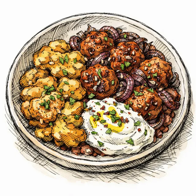 Skillet Harissa Turkey Meatballs with Jammy Onions, Garlicky Yogurt & Crispy Smashed Potatoes