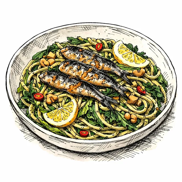 Skillet Sardine–Walnut “Pesto” Pasta with Lemon, Chili & Wintery Greens