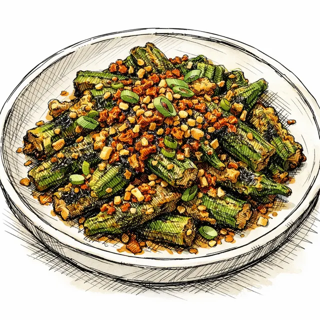 Flash-Fried Smashed Okra with Benne Seed Chili Crunch