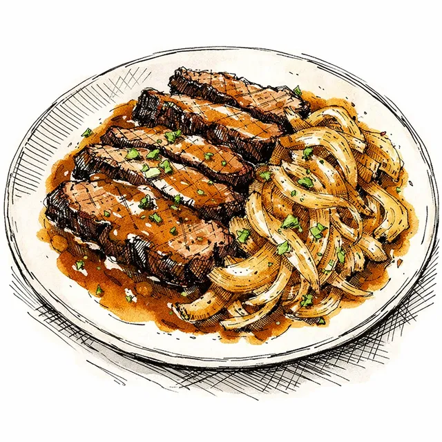 Cast-Iron Skillet-Roasted Beef Brisket with Smothered Vidalias & Bourbon Pan Gravy