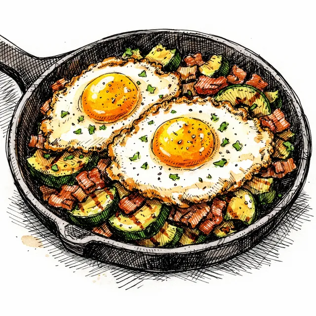Charred Zucchini and Bacon Breakfast Skillet with Crispy Fried Eggs