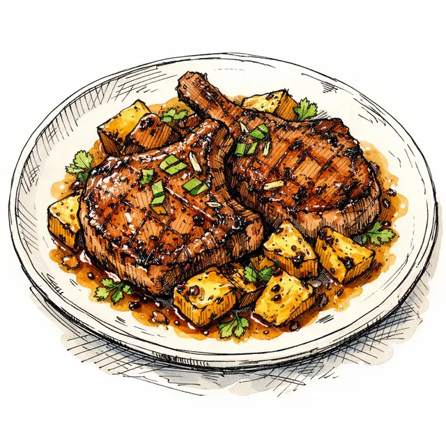 Pan-Seared Kurobuta Pork Chops with Charred Pineapple-Sake Pan Reduction
