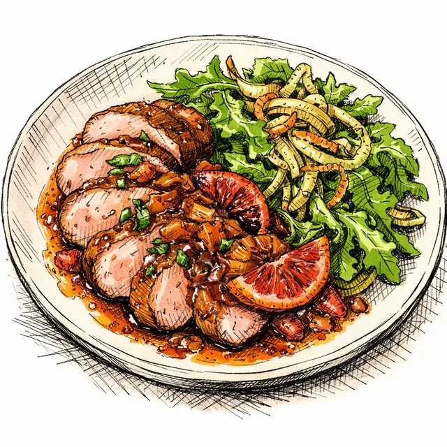 Skillet-to-Oven Pork Tenderloin with Blood Orange–Shallot Pan Sauce + Crispy Fennel & Peppery Arugula