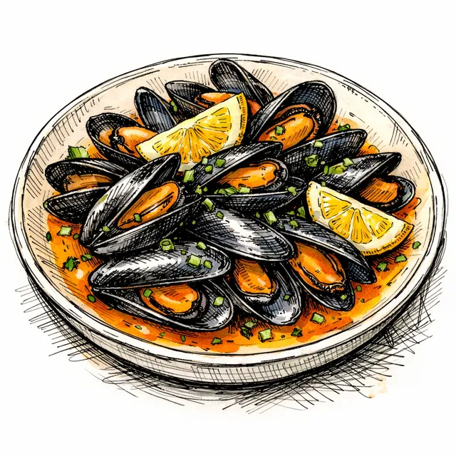 Sunset-Steamed Mussels in Orange Wine with Green Garlic & Meyer Lemon Butter