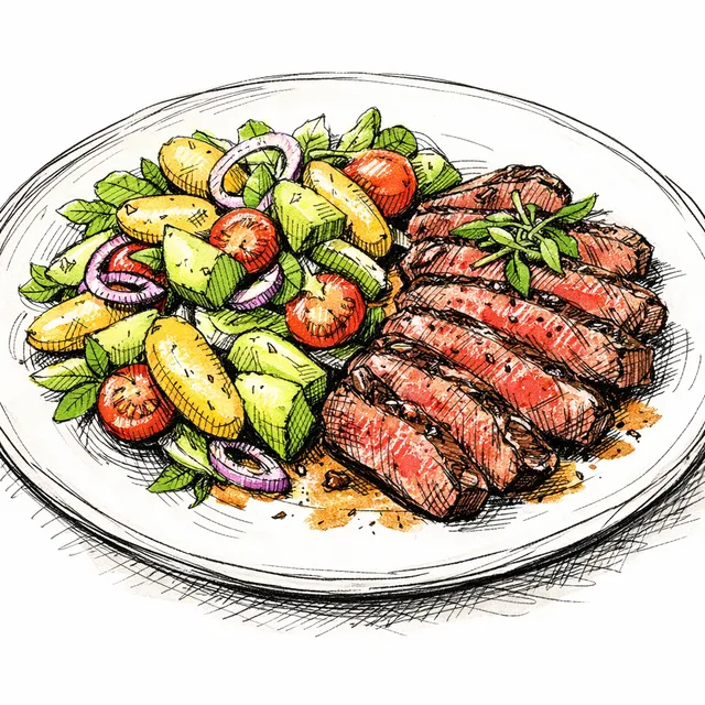 Pan-Roasted Bavette with Warm Fingerling & Avocado Salade