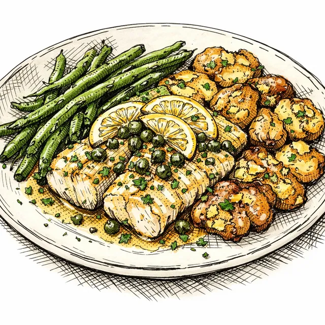 Sheet-Pan Lemon Piccata Cod with Blistered Green Beans & Crispy Smashed Potatoes