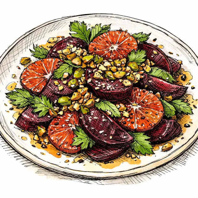 Roasted Beet & Blood-Orange Jewel Side with Warm Cardamom–Sumac Dressing, Green Herbs, and Pistachio–Sesame Crunch