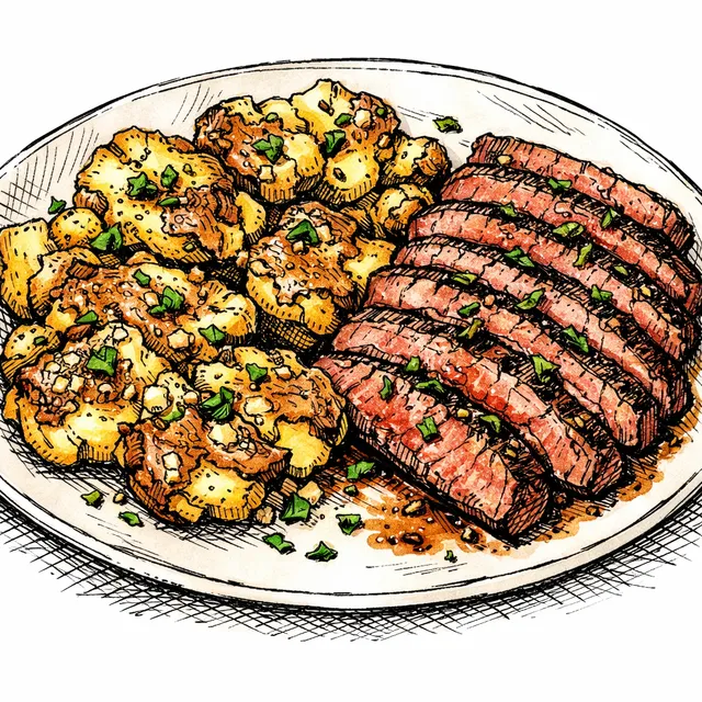 Sheet-Pan Steakhouse Flank Steak & Smashed Garlic Potatoes
