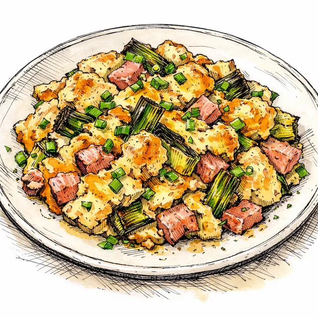 Cast-Iron Country Ham & Biscuit Breakfast Strata with Charred Leeks & Sharp Cheddar