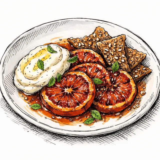 Quick-Baked Blood Oranges with Brown-Sugar Sesame Snap & Olive-Oil Vanilla Cream