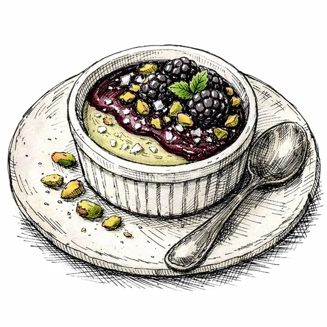 Cold-Infused Roasted Pistachio Pots de Crème with Tart Blackberry Coulis & Flaky Salt