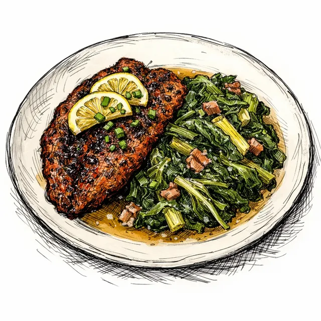 Cast-Iron Blackened Catfish with Potlikker-Braised Mustard Greens