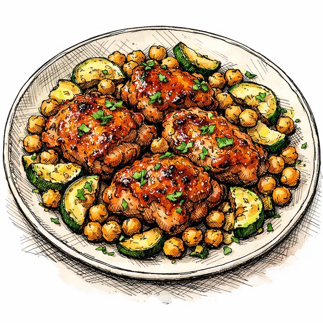 Sheet-Pan Harissa Honey Chicken Thighs with Crispy Chickpeas & Zucchini