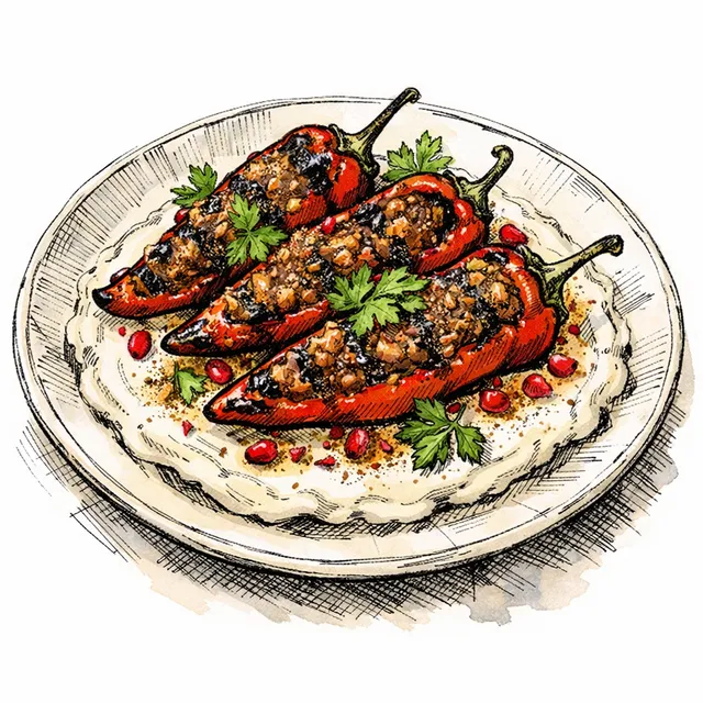 Char-Grilled Baharat Lamb-Stuffed Romano Peppers over Ice-Whipped Tahini
