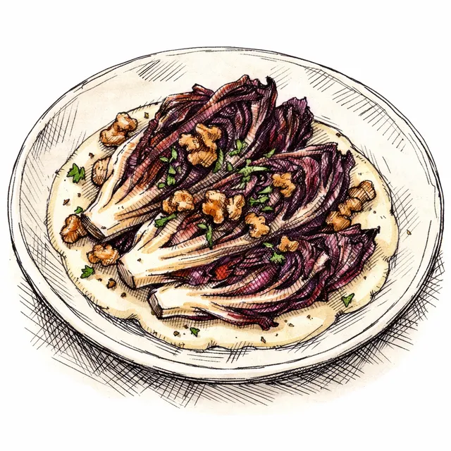 The Navigli Pergola: Gentle Pan-Seared Radicchio with Warm Gorgonzola Fonduta and Toasted Walnuts