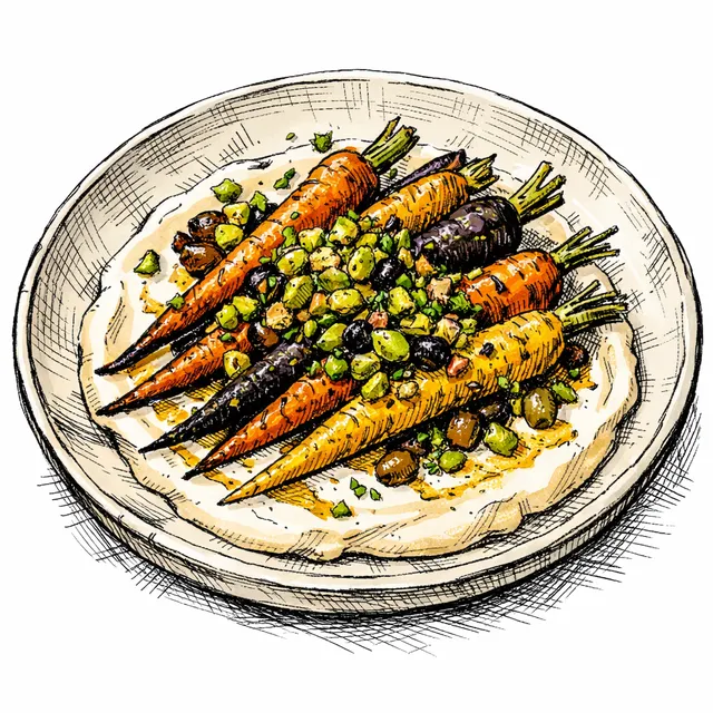 Fire-Smashed Rainbow Carrots with Velvet Feta-Tahini & Pistachio-Olive Crunch