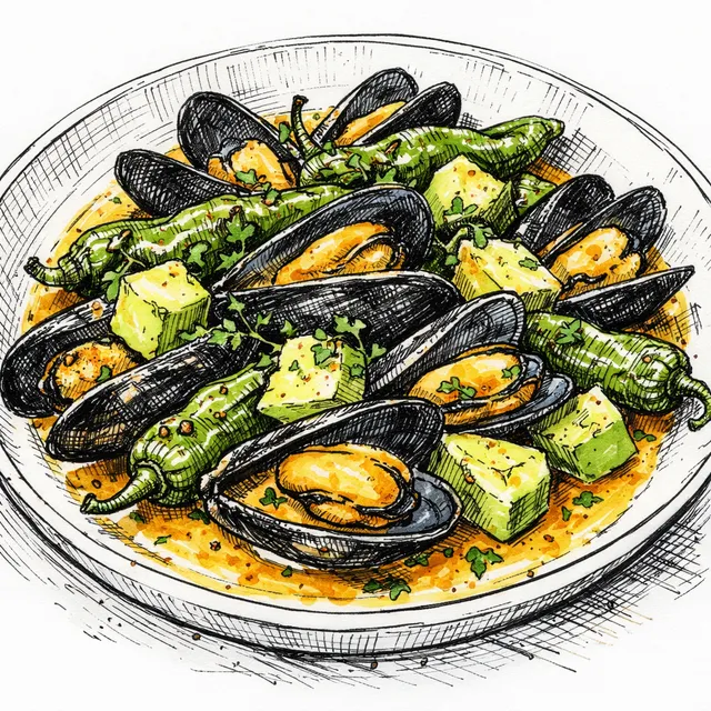 Mouclade Californienne: Vadouvan Mussels with Shishitos & Avocado