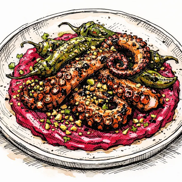 Fire-Blistered Octopus with Beetroot-Tahini and Pistachio Dukkah