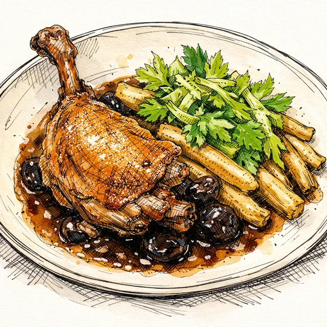 Crisp-Braised Duck Legs with Prune–Armagnac Pan Jus + Butter-Basted Salsify & Celery-Leaf Salad