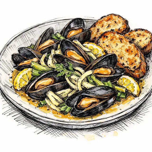 Meyer Lemon–Miso Mussels with Fennel, Charred Leeks & Sourdough Gratinés
