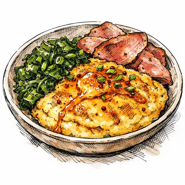 Cast-Iron Grits Spoonbread Breakfast Bake with Country Ham, Greens & Hot-Pepper Maple Butter