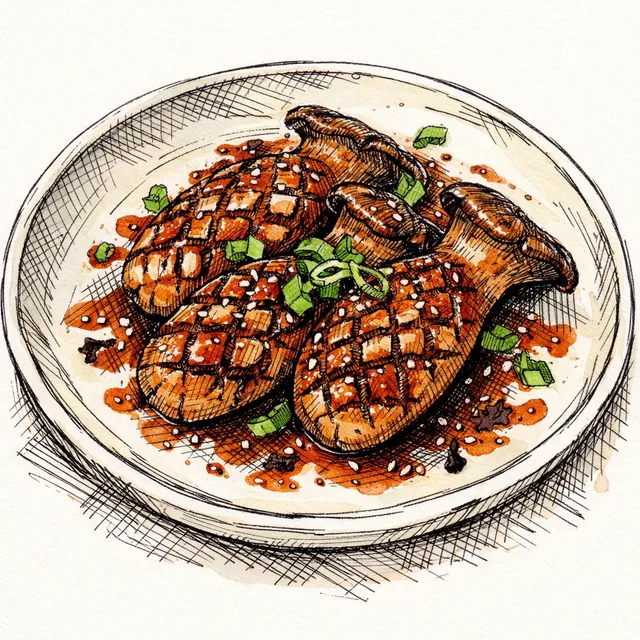 Matsukasa-Scored King Oyster Mushrooms with Aji Panca Glaze