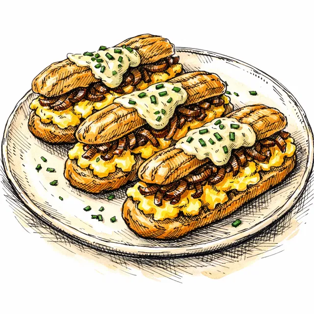 Caramelized Onion–Gruyère Choux “Breakfast Éclairs” (Soft-Scramble + Dijon Chive Crème)
