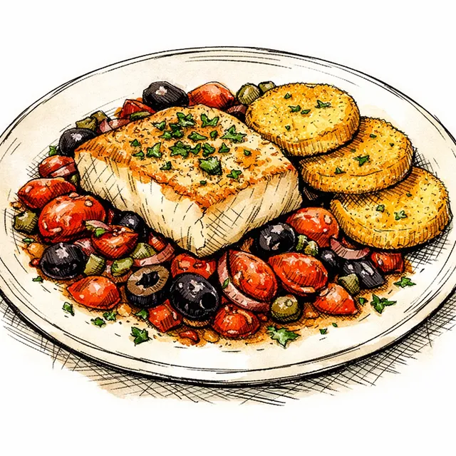 Sheet-Pan Puttanesca Halibut with Crispy Polenta Rounds