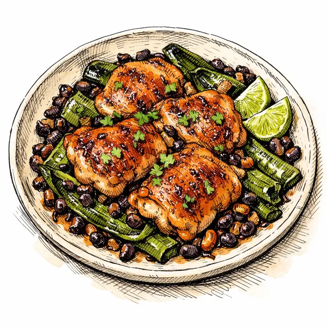 One-Skillet Roasted Smoky Chicken Thighs with Charred Poblano & Crispy Black Beans