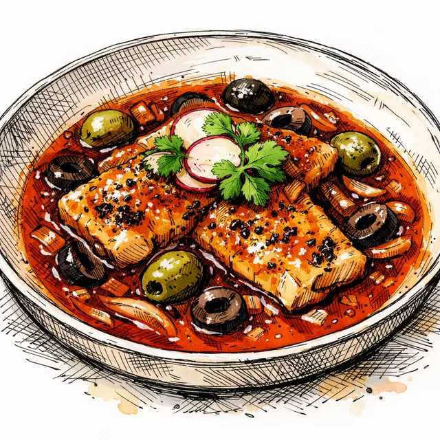 25-Minute Fast-Braised Hake en Caldillo de Guajillo y Aceitunas