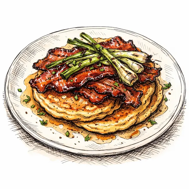 Charred Spring Onion & Buttermilk Cornmeal Griddle Cakes with Sorghum-Glazed Bacon