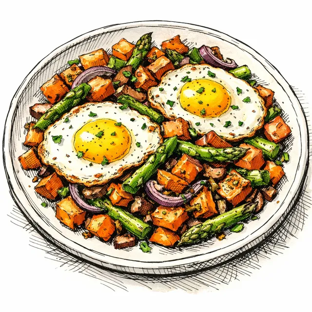 Lazy Sunday Sheet-Pan Sweet Potato & Asparagus Hash