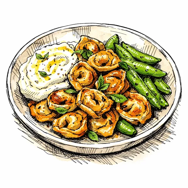 15-Minute Crispy Skillet Tortellini with Brown Butter Snap Peas & Whipped Lemon Ricotta