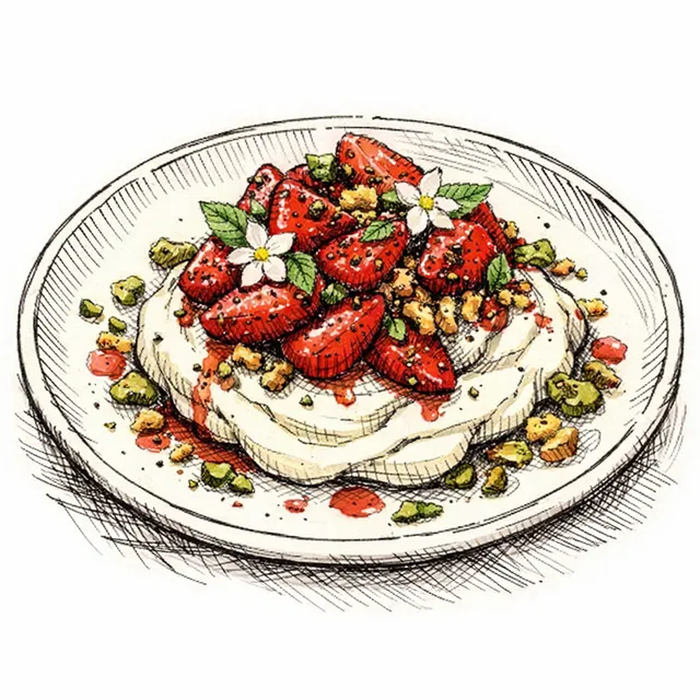 Jasmine-Infused Mascarpone Cream with Black-Pepper Macerated Strawberries & Pistachio Crumble