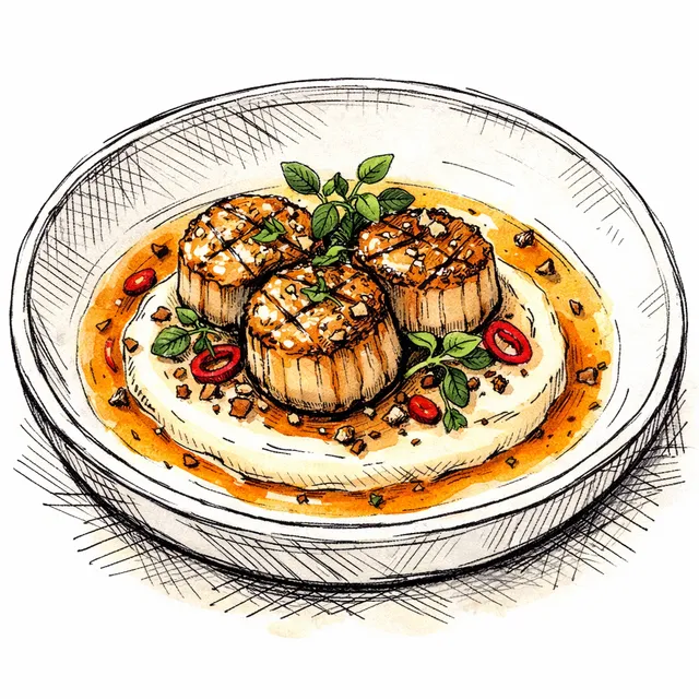 Pan-Seared Hokkaido Scallops with Aji Limo-Pisco Pan Reduction and Brown Butter Cauliflower Silk