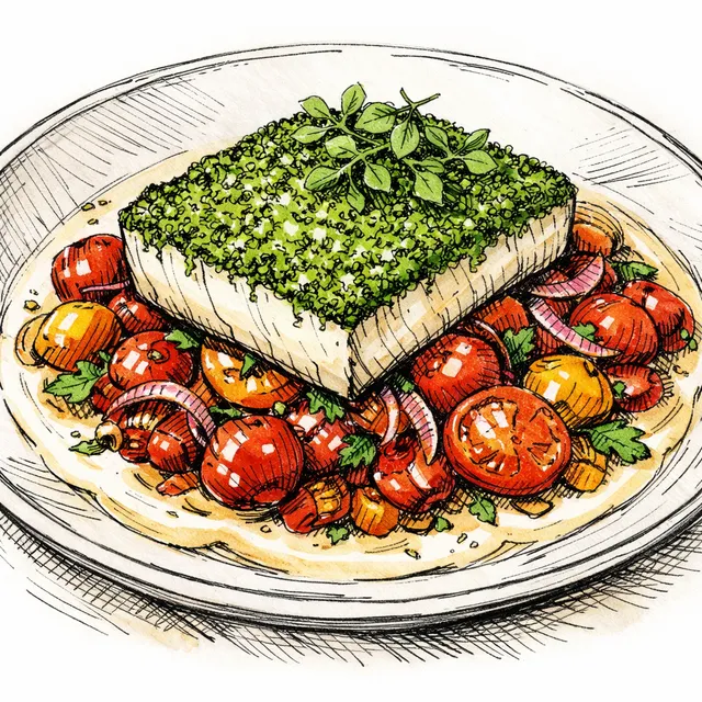The Jewel Box Dinner: Emerald-Crusted Halibut with Sour Cherries and Tahini