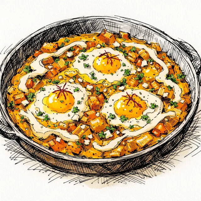 Gentle-Simmered Golden Heirloom Shakshuka with Saffron & Velvet Tahini